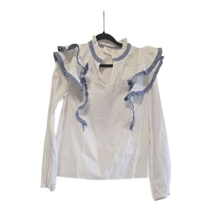 Blue and White Ruffled Mandarin Collar Blouse